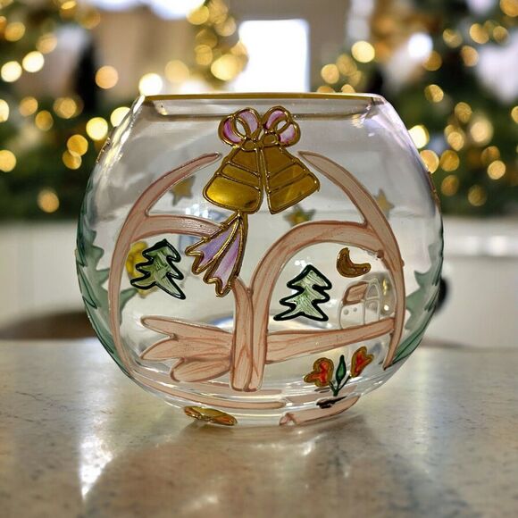Christmas Bowl Vase Made in Romania Cut Crystal Clear 4" Handcrafted Gold Trim - Picture 1 of 8